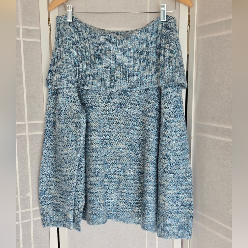 Chico's Textured Off-Shoulder Blue Sweater Sequined